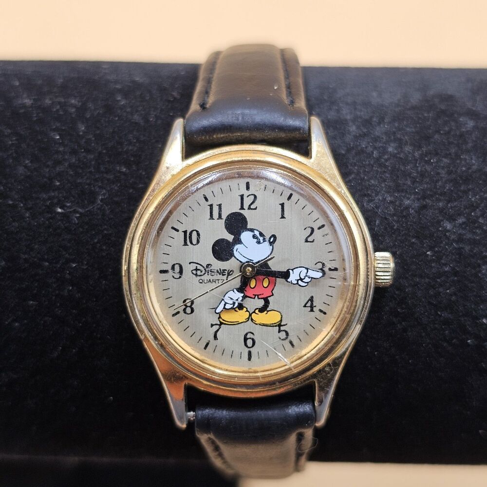Vintage Disney Time Works Mickey Mouse Watch Gold Tone Quartz Black Leather Band